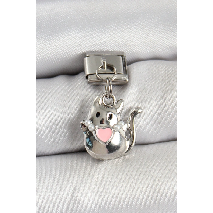 HEYF 316L Çelik Sallantılı Kalp Detaylı Kedi Model Gümüş Renk Nomination Charm