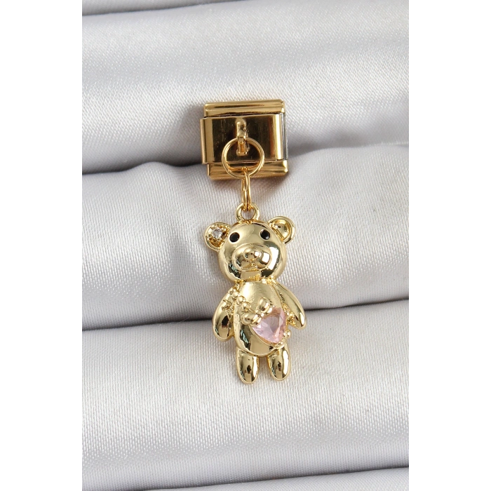 HEYF 316L Çelik Sallantılı Zirkon Taşlı Ayıcık Model Gold Renk Nomination Charm