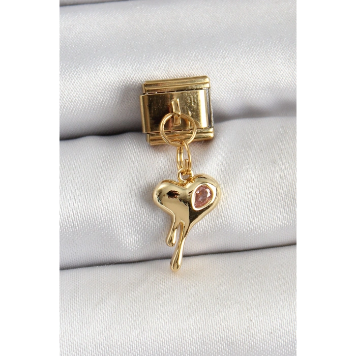 HEYF 316L Çelik Sallantılı Zirkon Taşlı Eriyen Kalp Model Gold Renk Nomination Charm
