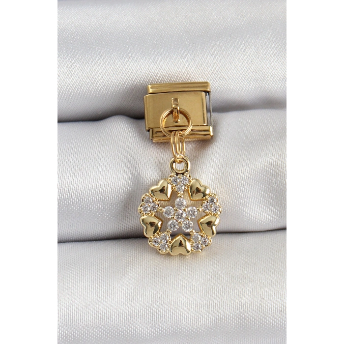 HEYF 316L Çelik Sallantılı Zirkon Taşlı Kalp Detaylı Yıldz Model Gold Renk Nomination Charm