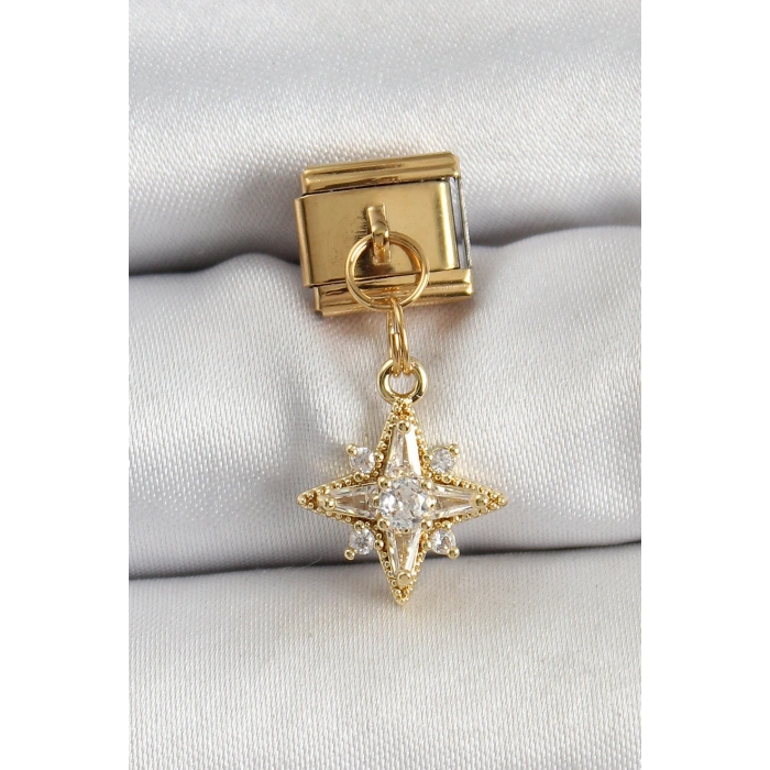 HEYF 316L Çelik Sallantılı Zirkon Taşlı Kutup Yıldızı Model Gold Renk Nomination Charm