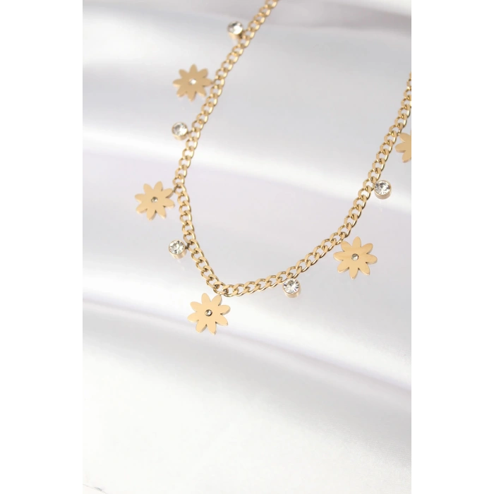 HEYF 316L Çelik Taşlı Gold Renk Çoklu Çiçek Kolye