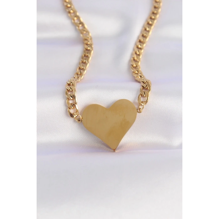 HEYF 316L Çelik Zincir Altın Renk Düz Plaka Kalp Kolye