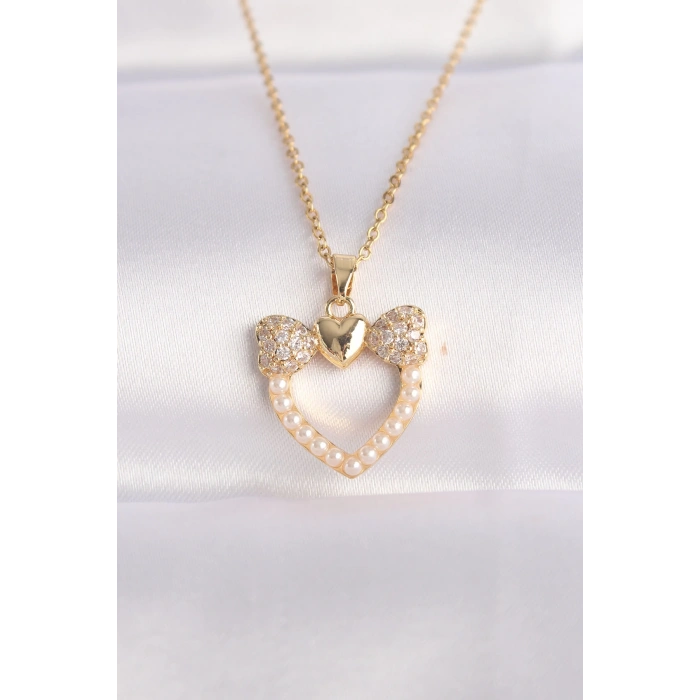 HEYF 316L Çelik Zincir Altın Renk İnci Taş Detay Zirkon Taşlı Kalp Kolye