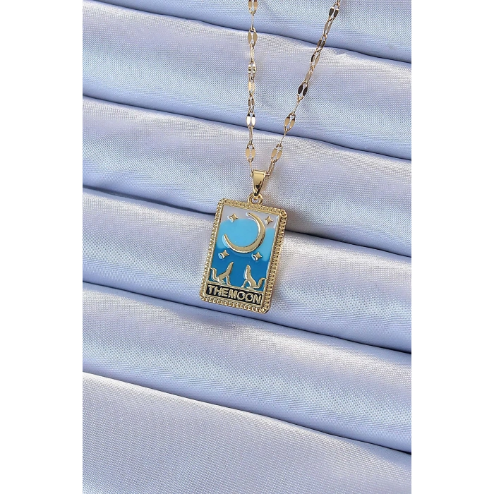 HEYF 316L Çelik Zincir Altın Renk Mavi Mineli Ay Figür Tarot Kolye