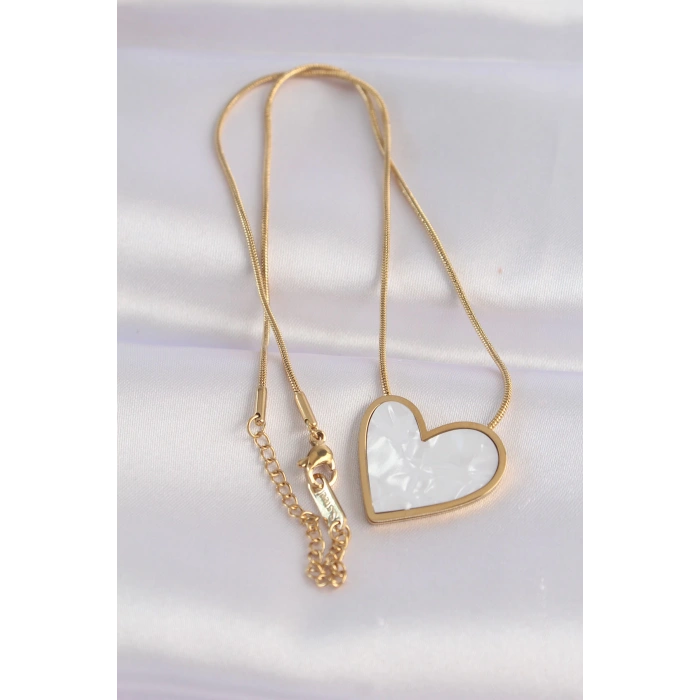 HEYF 316L Çelik Zincir Altın Renk Mermer Desenli Kalp Kolye