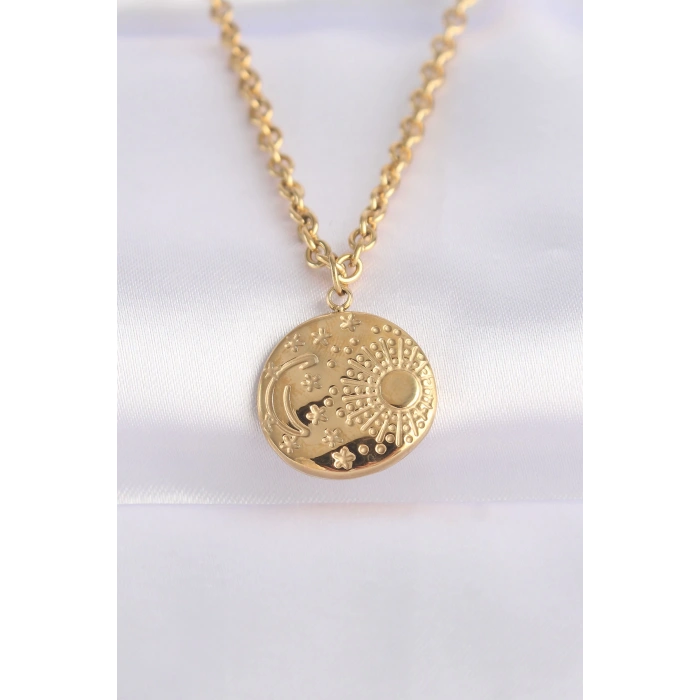 HEYF 316L Çelik Zincir Altın Renk Oval Desenli Kolye