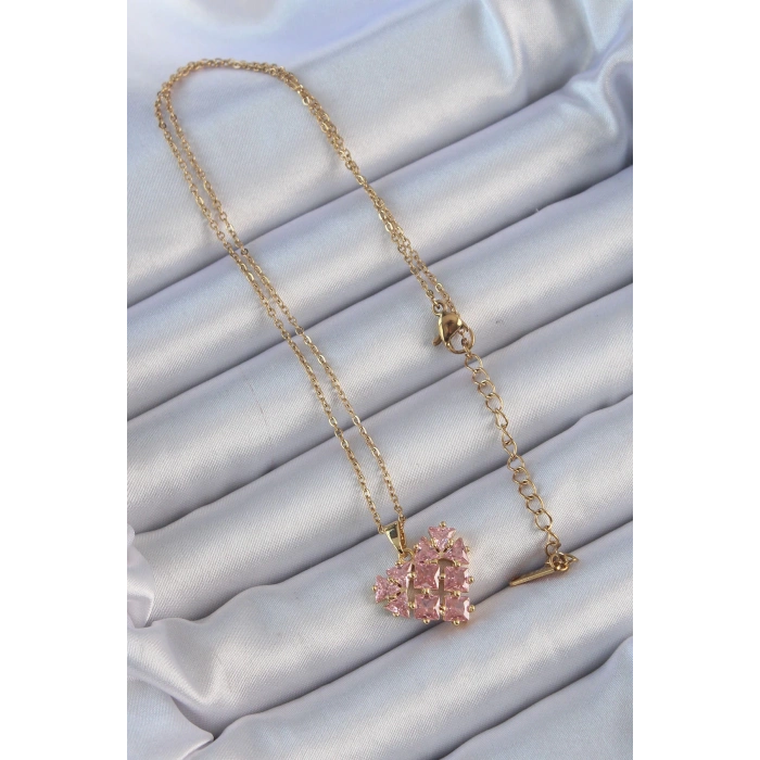 HEYF 316L Çelik Zincir Altın Renk Pembe Parçalı Zirkon Taşlı Kalp Kolye
