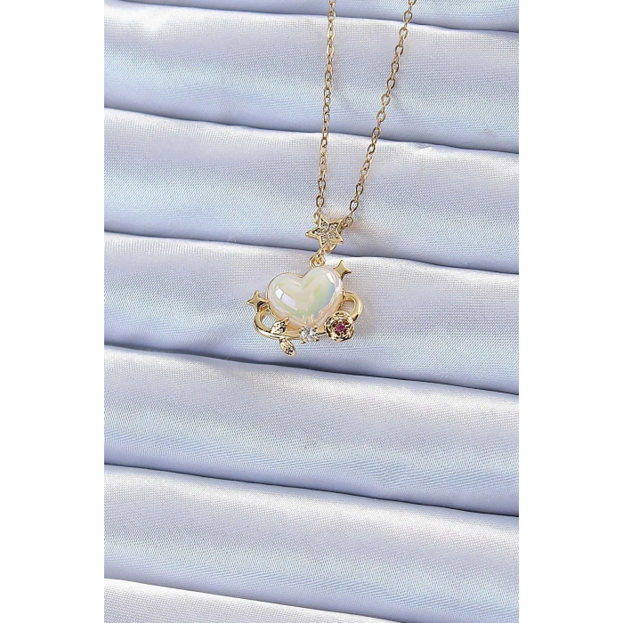 HEYF 316L Çelik Zincir Altın Renk Zirkon Taşlı Gezegen Görünümlü Kalp Kolye