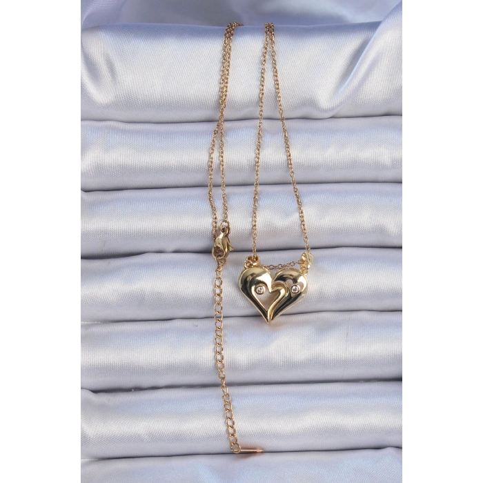 HEYF 316L Çelik Zincir Altın Renk Zirkon Taşlı Mıknatıslı Kalp Kolye