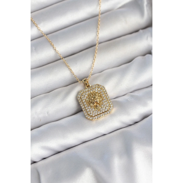 HEYF 316L Çelik Zincir Gold Aslan Madalyon Model Zirkon Taşlı Kadın Kolye