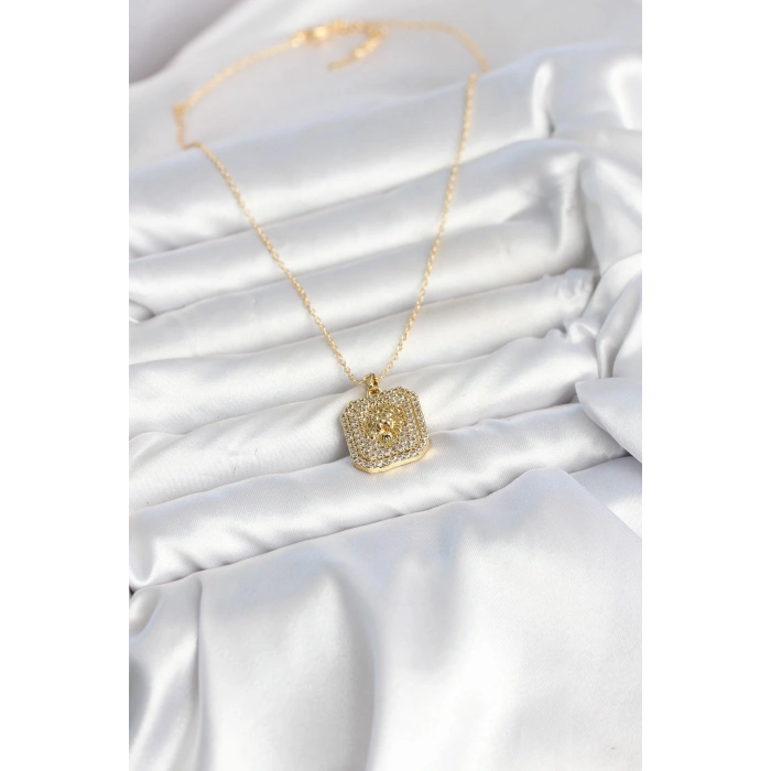 HEYF 316L Çelik Zincir Gold Aslan Madalyon Model Zirkon Taşlı Kadın Kolye