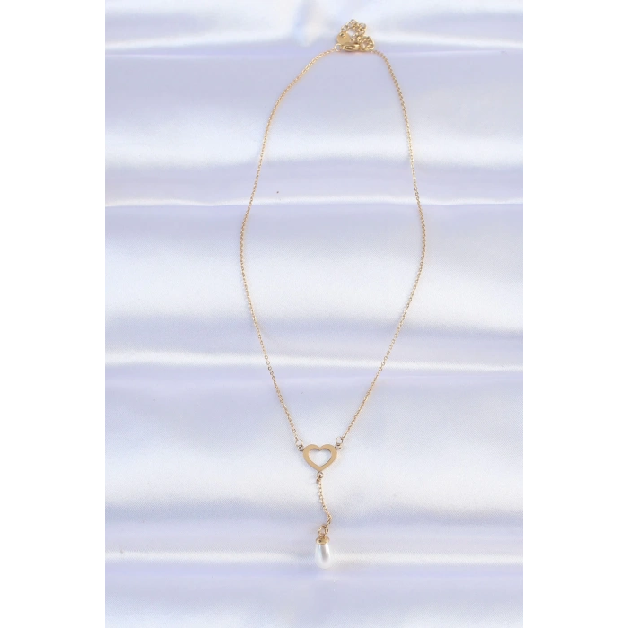 HEYF 316L Çelik Zincir Gold Renk İnci Taş Detay Kalp Kolye