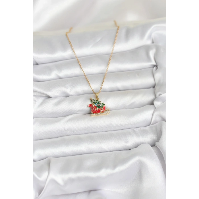 HEYF 316L Çelik Zincir Gold Renk Kızak ve Çam Ağacı Figürlü Yılbaşı Temalı Kadın Kolye