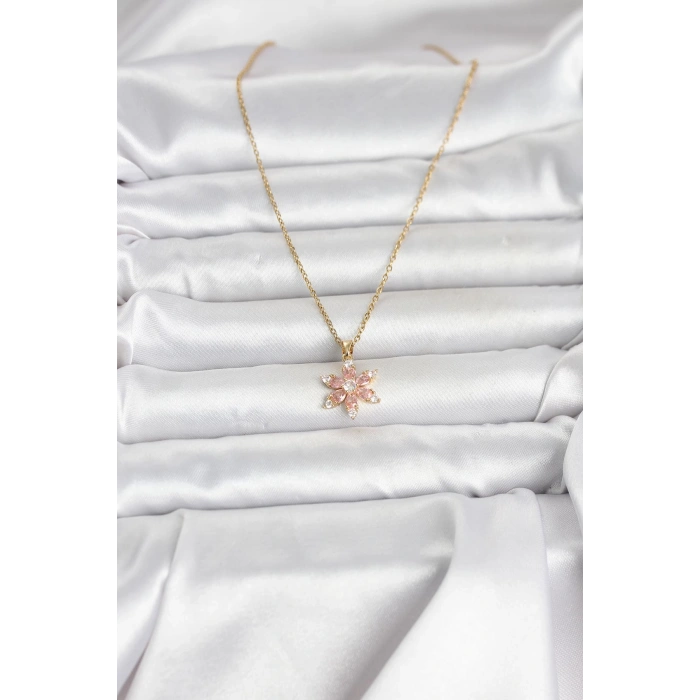 HEYF 316L Çelik Zincir Gold Renk Pembe Lotus Model Kadın Kolye