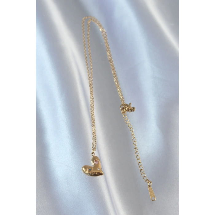 HEYF 316L Çelik Zincir Gold Renk Renkli Zirkon Taşlı Kalp Kolye