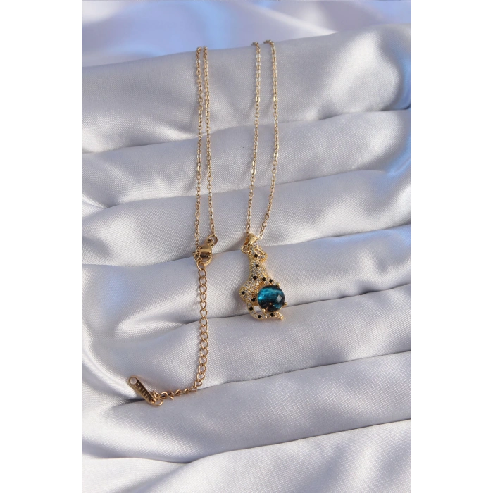 HEYF 316L Çelik Zincir Gold Renk Zirkon Taşlı Panter Figürlü Gezegen Kolye