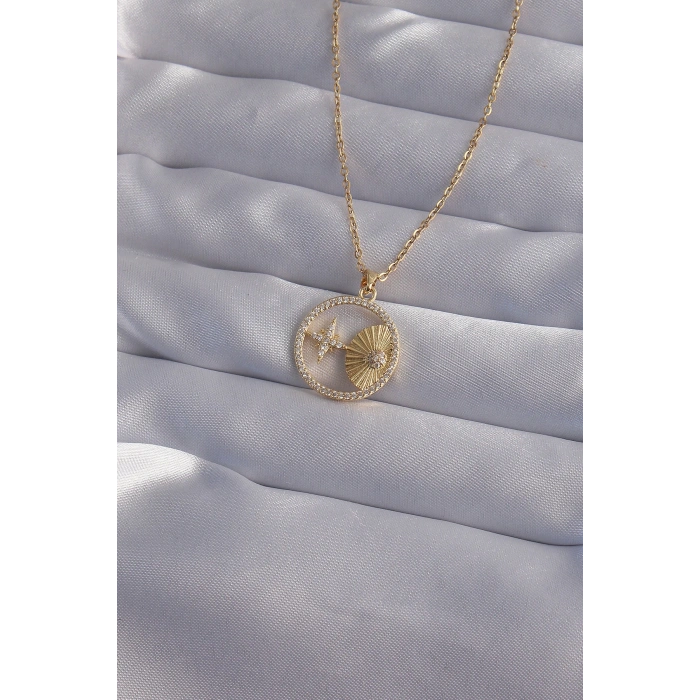 HEYF 316L Çelik Zincir Gold Renk Zirkon Taşlı Yıldız Figürlü Oval Kolye