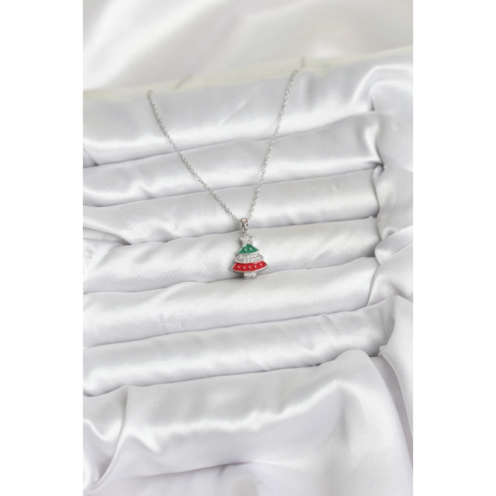 HEYF 316L Çelik Zincir Gümüş Ren Çam Ağacı Model Zirkon Taşlı Yılbaşı Temalı Kadın Kolye