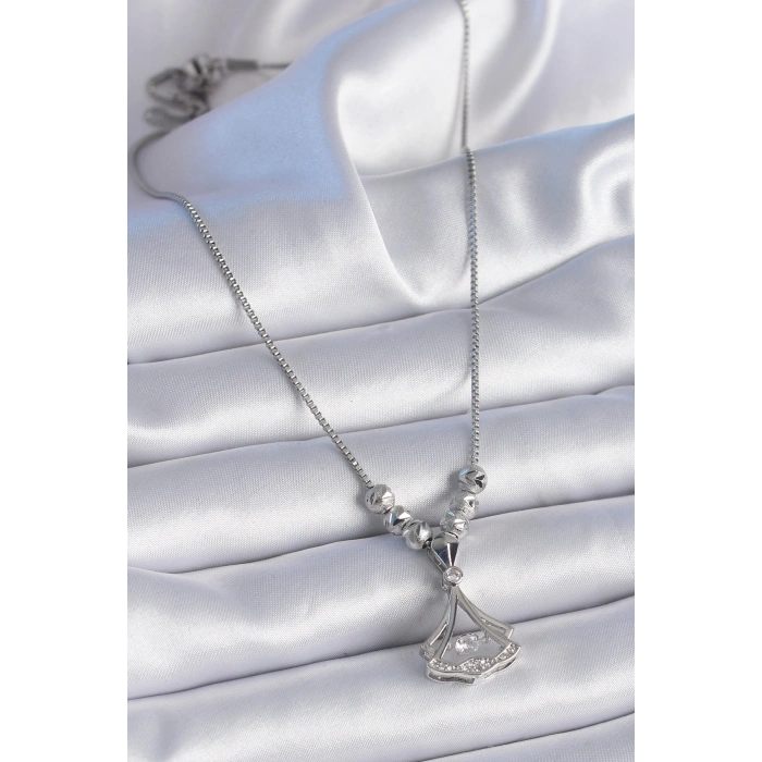 HEYF 316L Çelik Zincir Gümüş Renk Gingko Yaprağı Model Zirkon Taş Detay Kadın Kolye