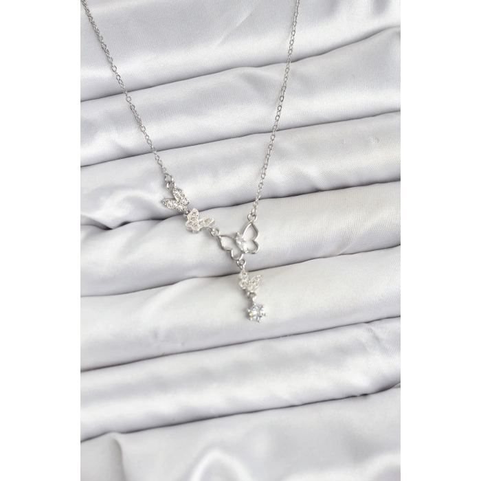 HEYF 316L Çelik Zincir Gümüş Renk Kelebek Model Kadın Kolye