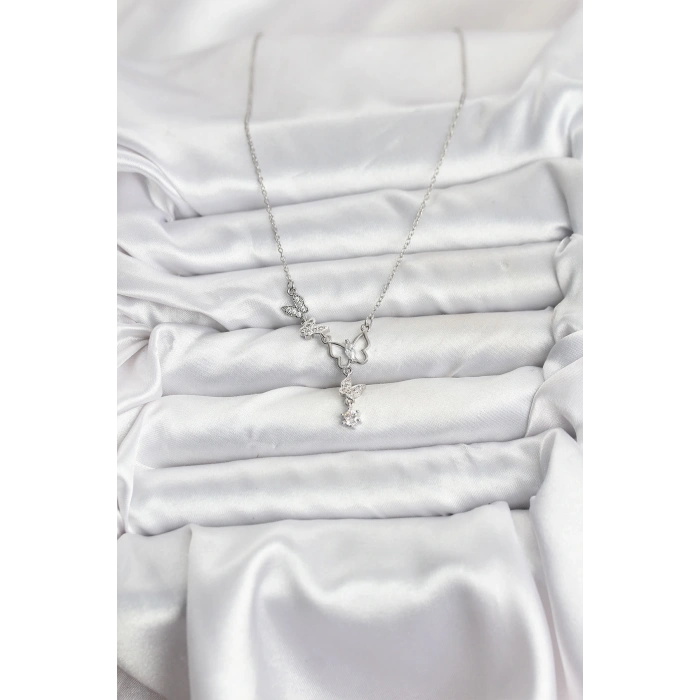 HEYF 316L Çelik Zincir Gümüş Renk Kelebek Model Kadın Kolye