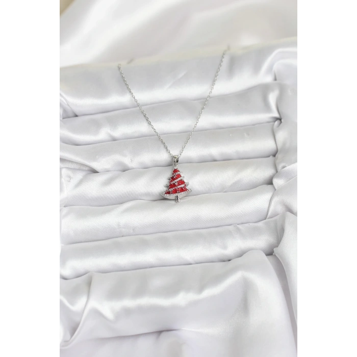HEYF 316L Çelik Zincir Gümüş Renk Kırmızı Çam Ağacı Model Yılbaşı Temalı Kadın Kolye