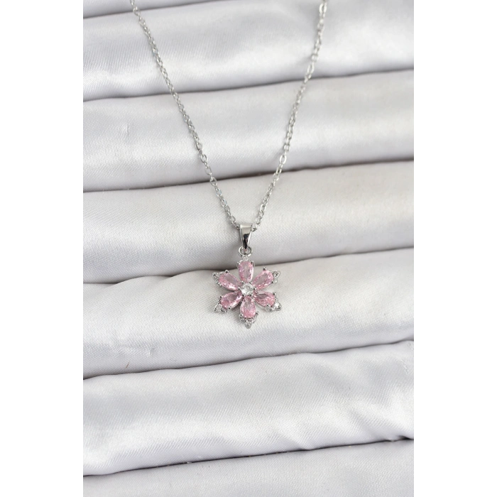 HEYF 316L Çelik Zincir Gümüş Renk Pembe Zirkon Taşlı Lotus Model Kadın Kolye