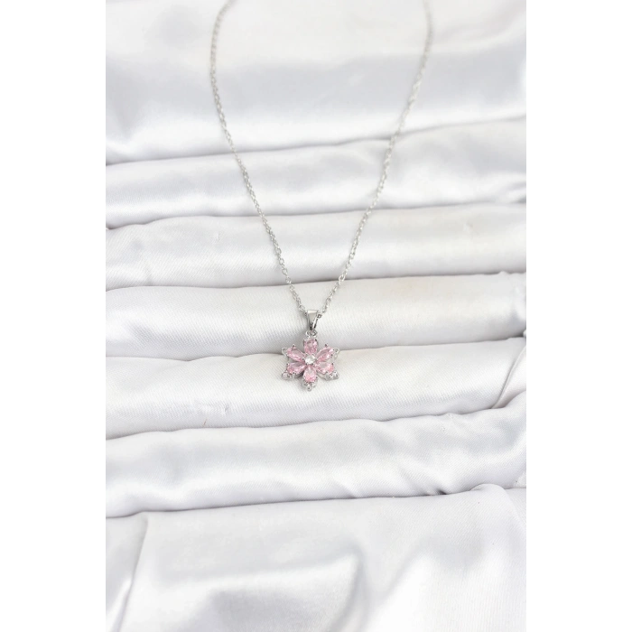 HEYF 316L Çelik Zincir Gümüş Renk Pembe Zirkon Taşlı Lotus Model Kadın Kolye