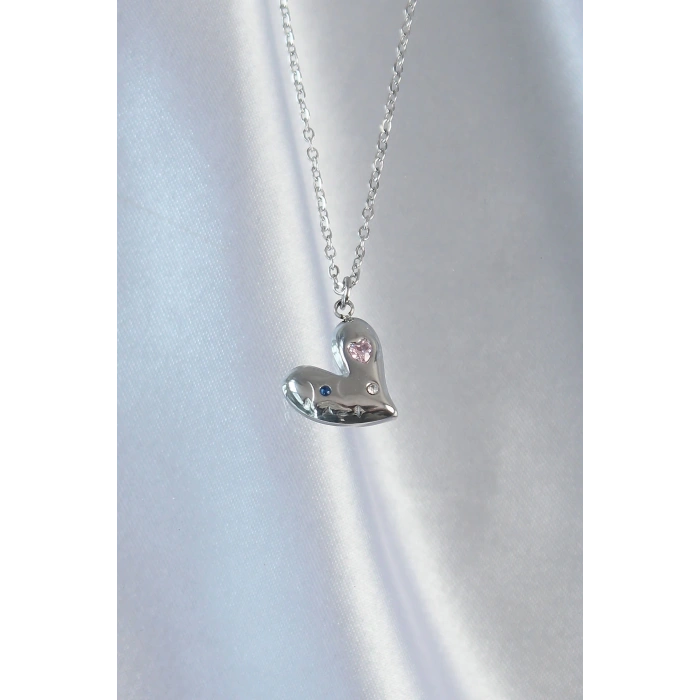 HEYF 316L Çelik Zincir Gümüş Renk Renkli Zirkon Taşlı Kalp Kolye