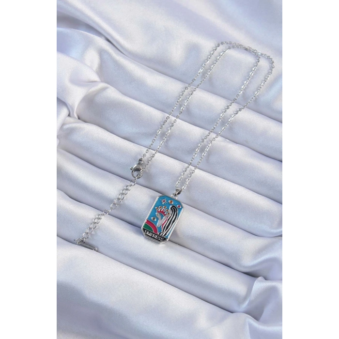 HEYF 316L Çelik Zincir Gümüş Renk Taç ve Kız Figürlü Renkli Mineli Tarot Kolye