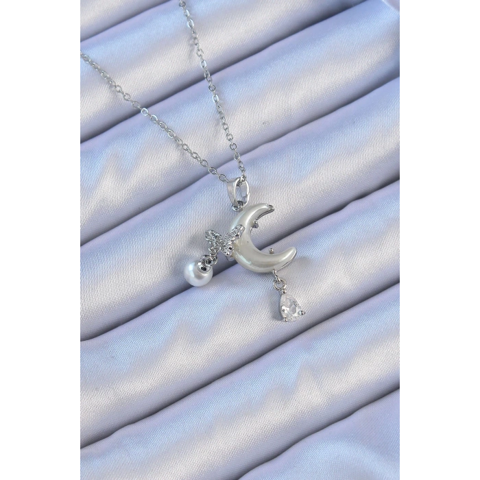 HEYF 316L Çelik Zincir Gümüş Renk Zirkon Taşlı Kelebekli Mineli Ay Kolye