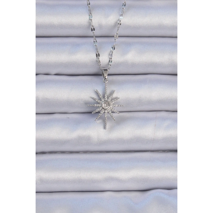 HEYF 316L Çelik Zincir Gümüş Renk Zirkon Taşlı Kutup Yıldızı Kolye