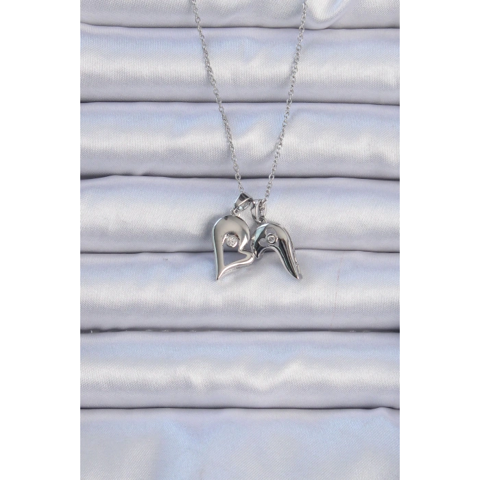 HEYF 316L Çelik Zincir Gümüş Renk Zirkon Taşlı Mıknatıslı Kalp Kolye