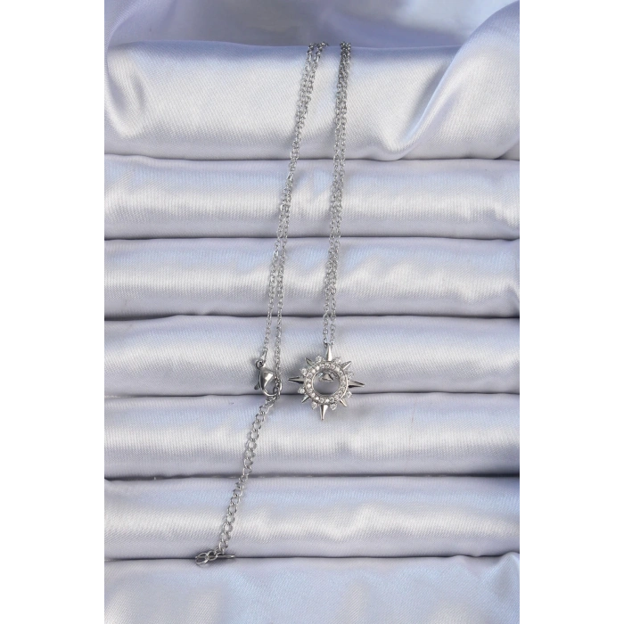 HEYF 316L Çelik Zincir Gümüş Renk Zirkon Taşlı Parlayan Yıldız Kolye