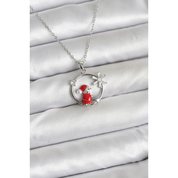HEYF 316L Çelik Zincir Gümüş Zirkon Taşlı Yılbaşı Tema Kadın Kolye
