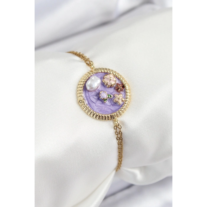 HEYF 316L Çelik Zincir Mor Mineli Sanatsal Portre İnci Detaylı Çiçek Model Gold Renk Kadın Bileklik
