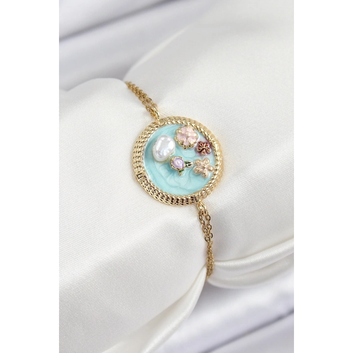 HEYF 316L Çelik Zincir Turkuaz Mineli Sanatsal Portre İnci Detaylı Çiçek Model Gold Renk Kadın Bileklik