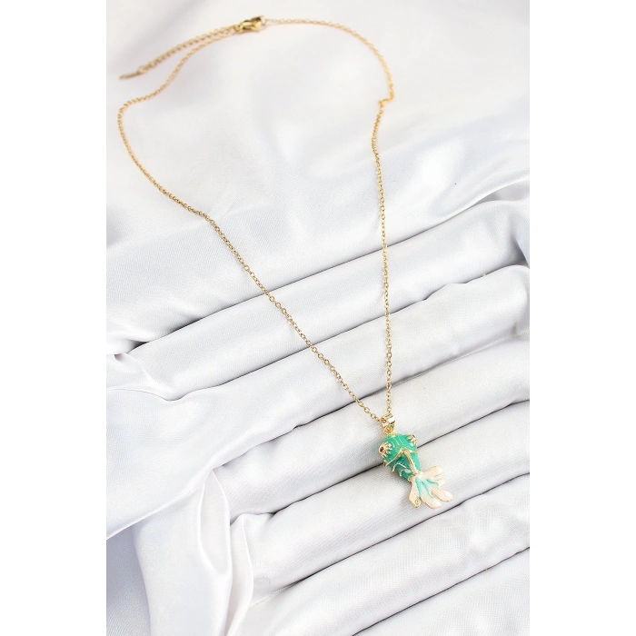 HEYF 316L Çelik Zincir Yeşil Balık Model Gold Renk Kadın Kolye