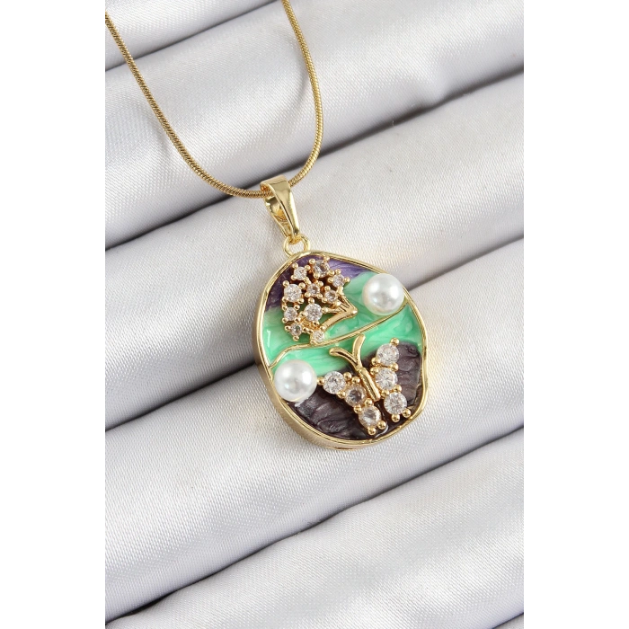 HEYF 316L Çelik Zincir Zirkon Taşlı Yeşil Mor Sanatsal Portre İnci Detaylı Ağaç Ve Kelebek Figürlü Model Gold Renk Kadın Kolye
