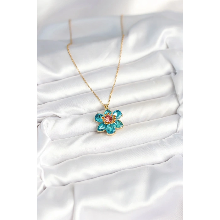 HEYF 316L Çelik Zincirli Mavi Çiçek Model Kadın Kolye