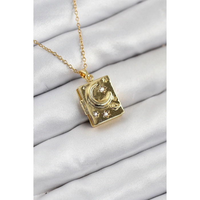 HEYF 316L Çelik Zirkon Taşlı Açılabilr Kapaklı Kitap Model Gold Renk Kadın Kolye