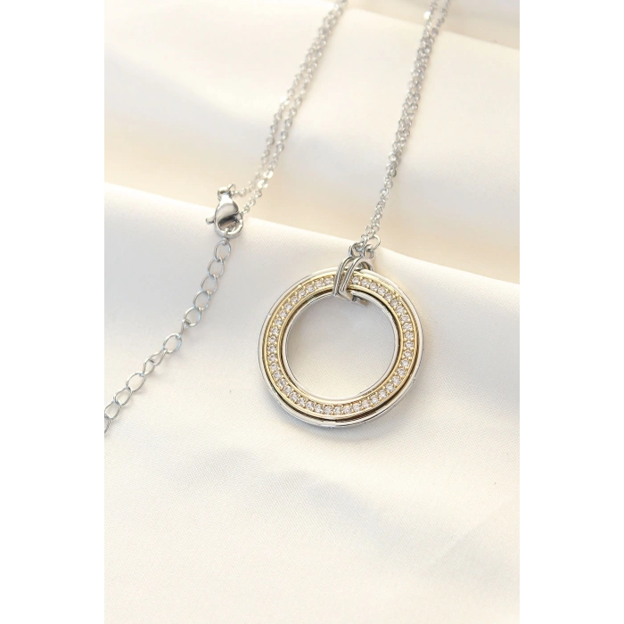 HEYF 316L Çelik Zirkon Taşlı Çift Renkli Tifany Kolye