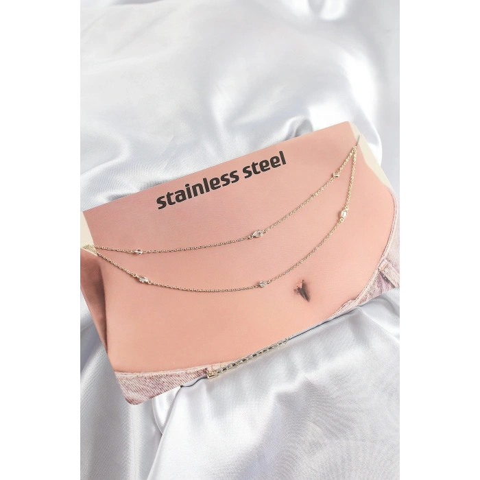 HEYF 316L Çelik Zirkon Taşlı Damla Model Gold Renk Göbek Bel Zinciri