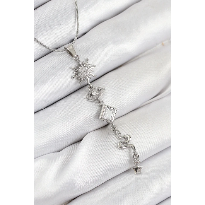 HEYF 316L Çelik Zirkon Taşlı Güneş Ve Ay Enerji Model Gümüş Renk Kadın Kolye