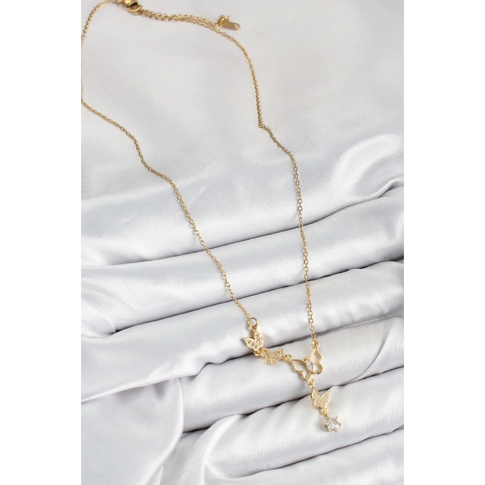 HEYF 316L Çelik Zirkon Taşlı Kelebek Model Gold Renk Kadın Kolye