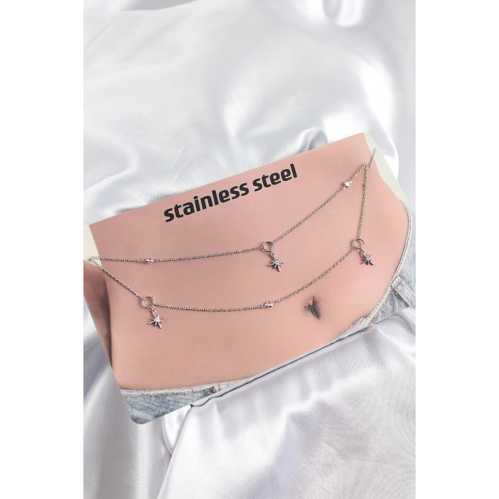 HEYF 316L Çelik Zirkon Taşlı Kutup Yıldızı Model Gümüş Renk Göbek Bel Zinciri