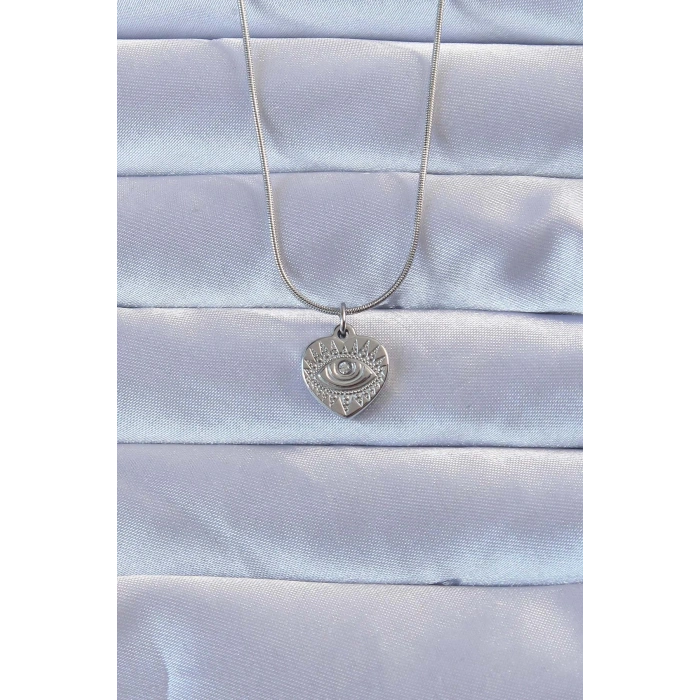 HEYF 316L Gümüş Renk Zirkon Taşlı İşlemeli Göz Detay Kalp Kolye