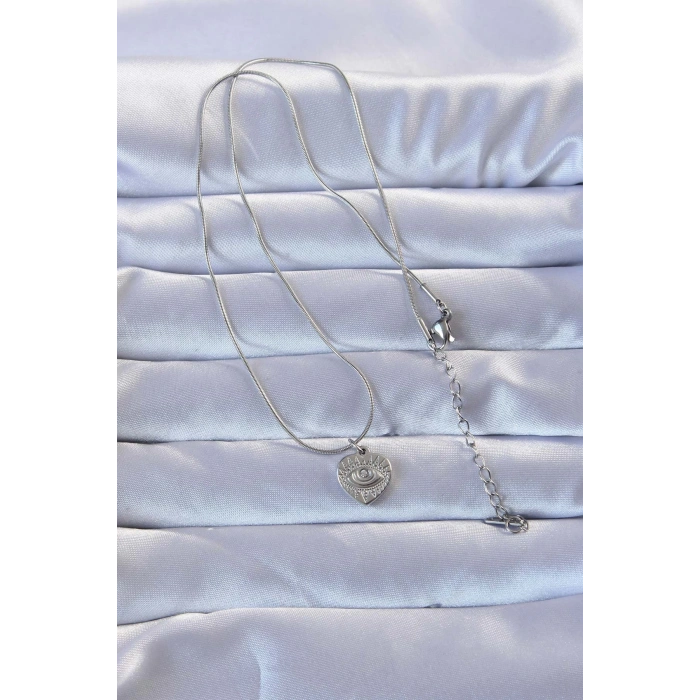 HEYF 316L Gümüş Renk Zirkon Taşlı İşlemeli Göz Detay Kalp Kolye