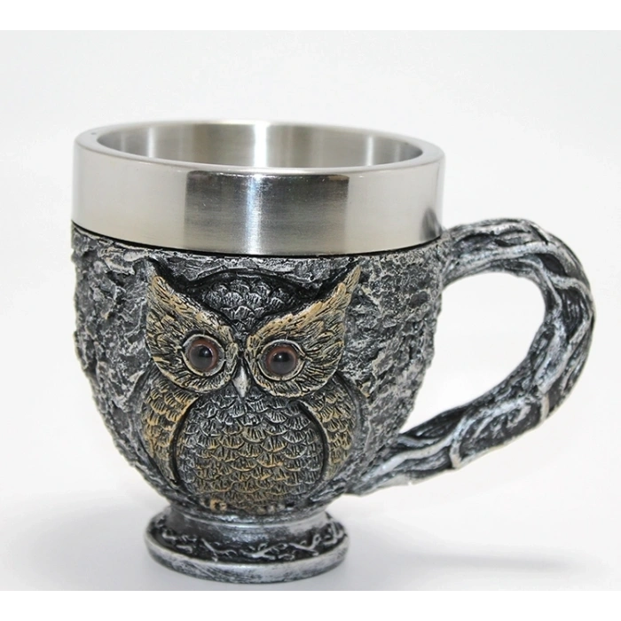 HEYF 3d Kabartmalı Baykuş Büstü Paslanmaz Çelik Kupa Bardak Alk4482
